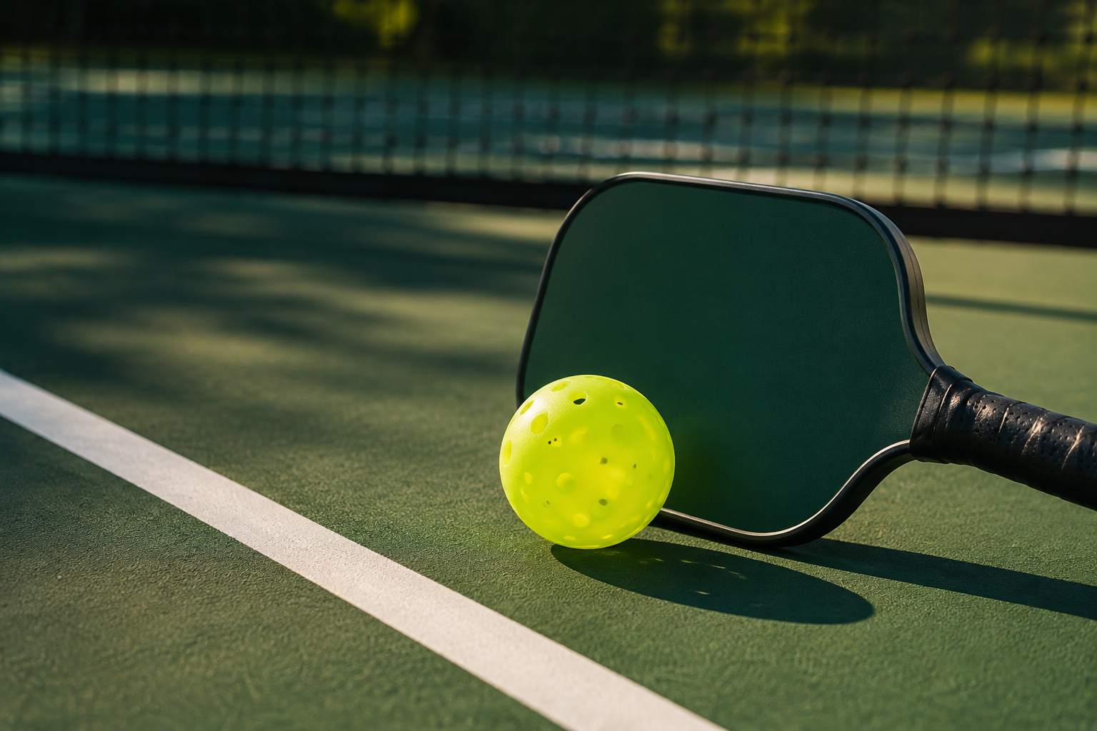 A lime pickleball and green paddle resting beside a court line